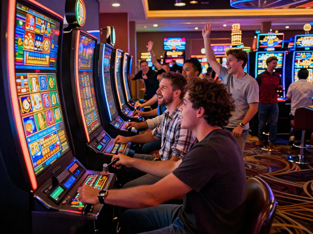 Exciting scene of friends enjoying slot gacor gameplay in a vibrant casino.