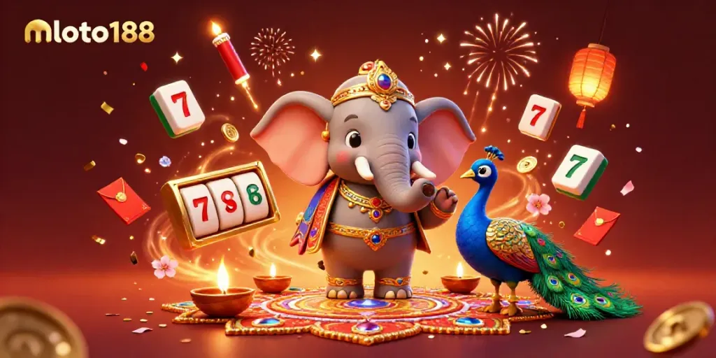 Engage with exciting slots at mloto188 featuring a festive elephant and peacock in a vibrant scene.