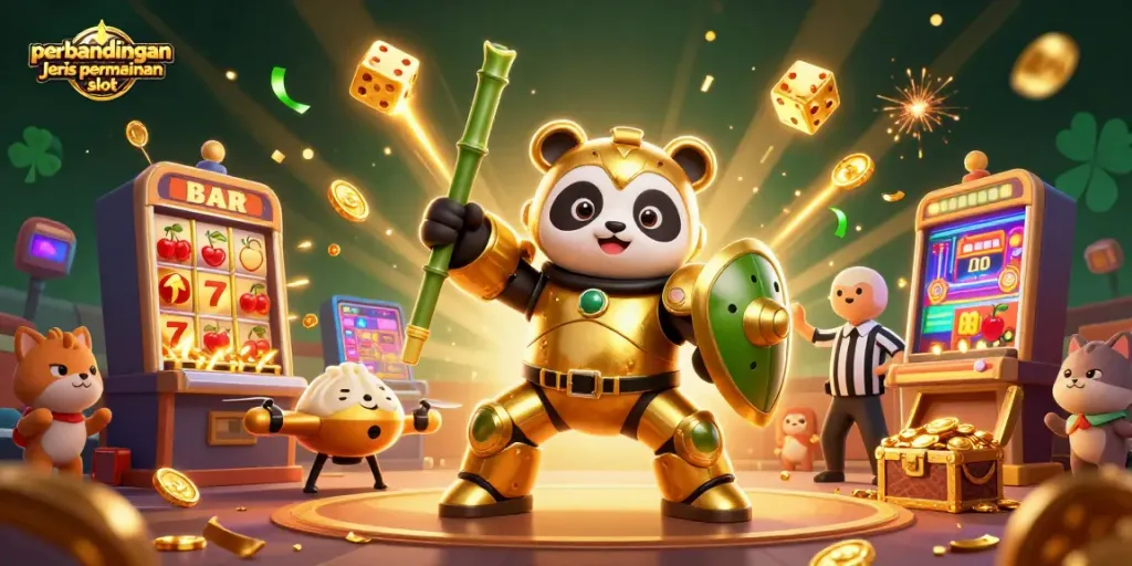 Membandingkan jenis permainan slot dengan grafik 3D, jackpot, dan simbol kasino interaktif.