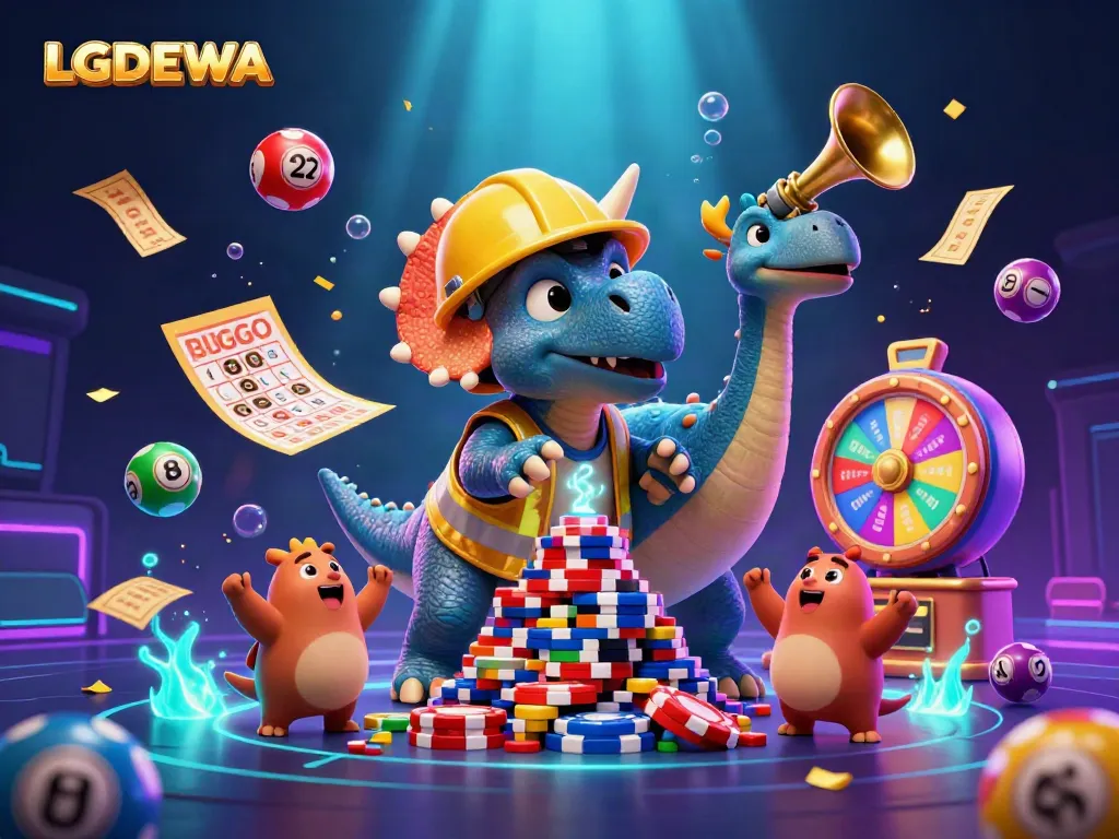 Engaging LGODEWA scene with vibrant characters and casino elements celebrating in a festive atmosphere.