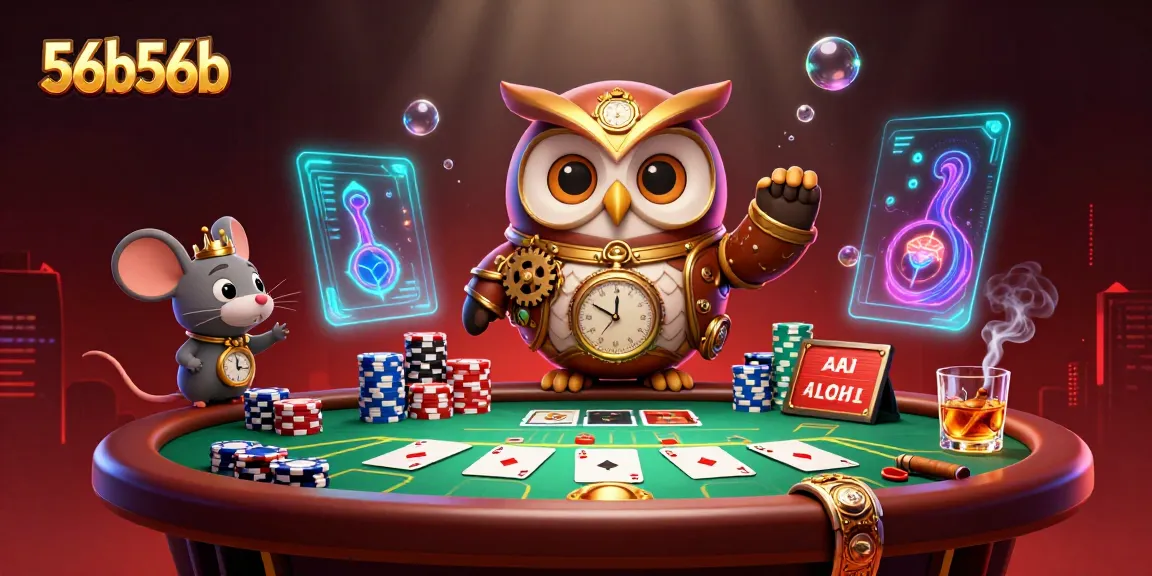 Betting in 56b56b's vibrant casino scene highlights a colorful poker setup and dynamic characters.