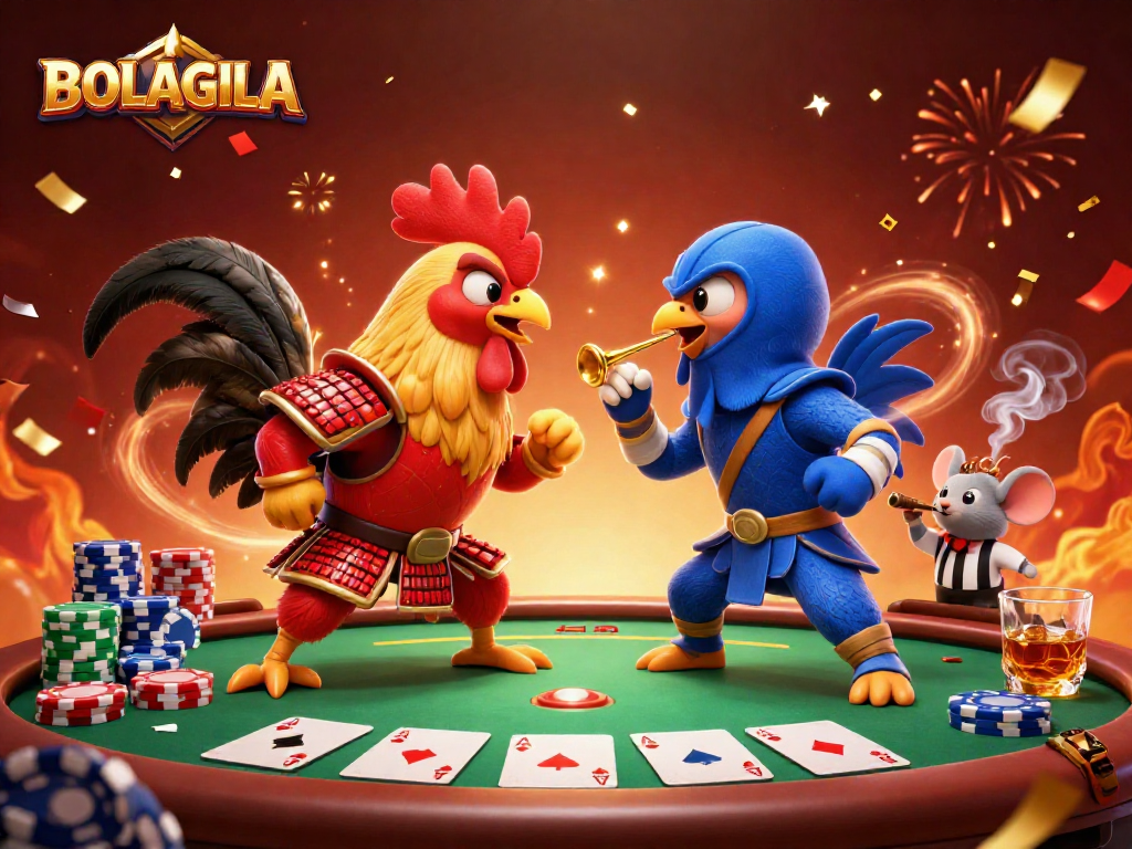 Engage in thrilling competitions at BOLAGILA with ready-to-fight roosters and vibrant casino elements.
