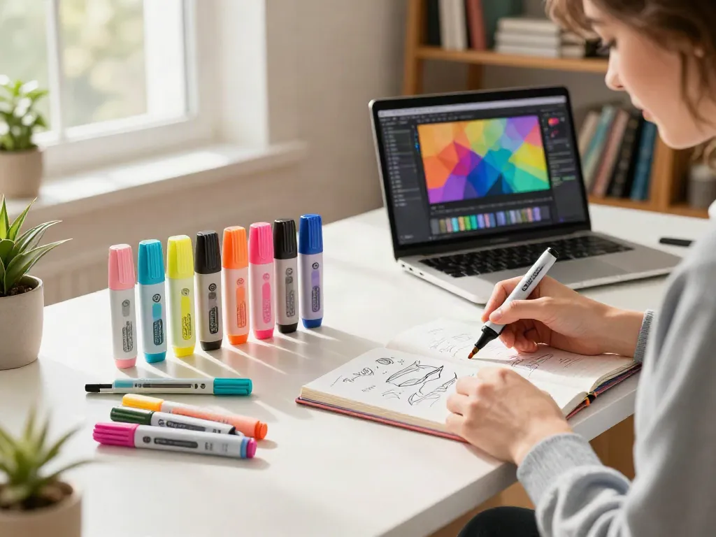 Colorful highlighter pen supplier workspace with creative individual sketching and using erasable highlighters.
