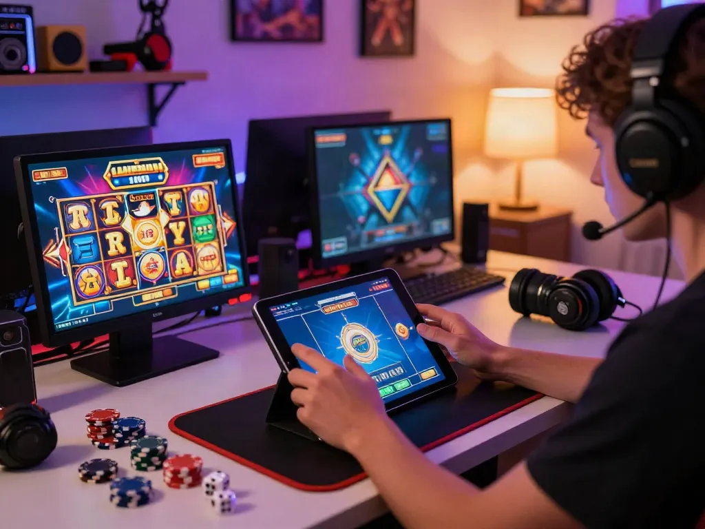 Exciting gaming scene featuring ahha4d slot game on tablet amidst gaming accessories.