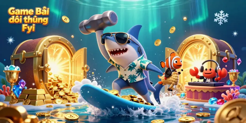 Engage in the vibrant world of Game Bài Đổi Thưởng Fyi with a playful underwater scene featuring colorful characters and treasure.