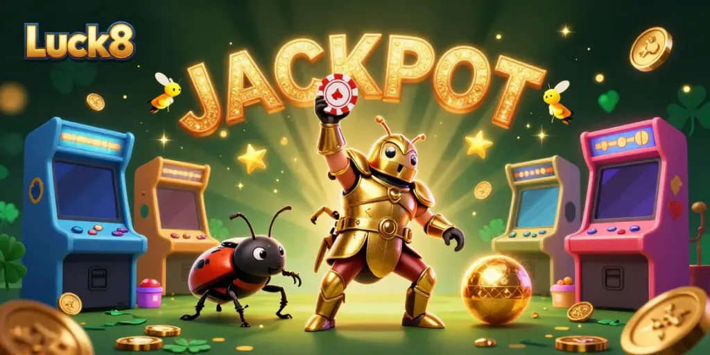 Experience the thrill of Luck8 with a vibrant 3D illustration of heroic beetle characters celebrating a jackpot win.