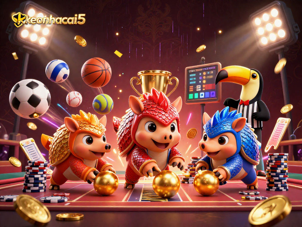 Experience thrilling sports betting with keonhacai5's dynamic illustration of pangolins and gaming elements.