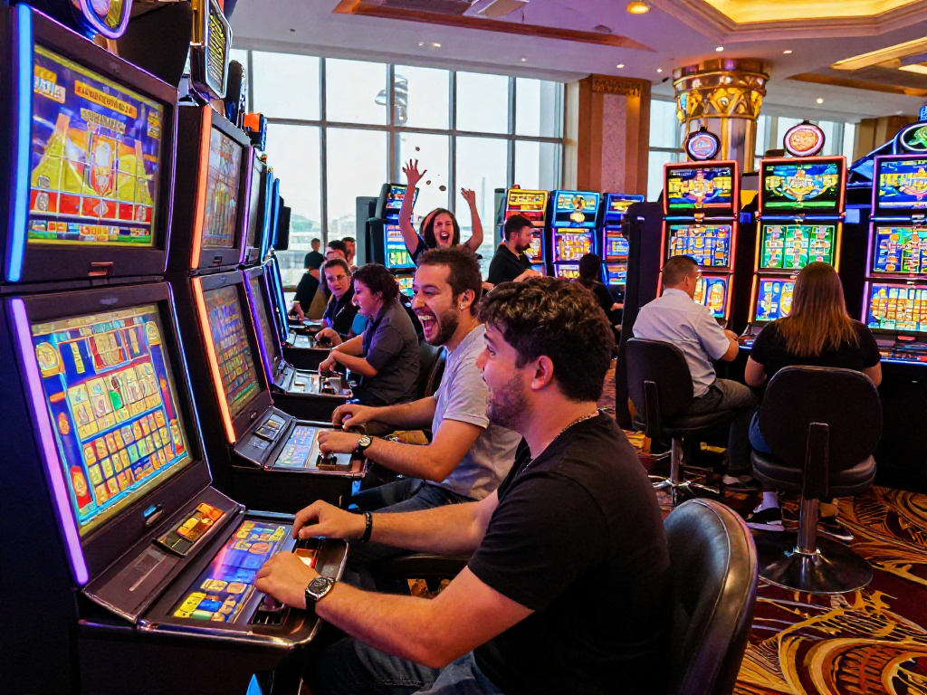 Players experiencing thrill and excitement at slot jackpot machines in a lively casino setting.