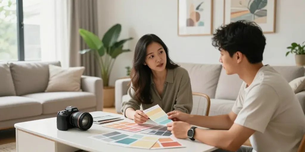 innovationpaintingremodeling.com home renovation consultation with designer and couple in bright living room