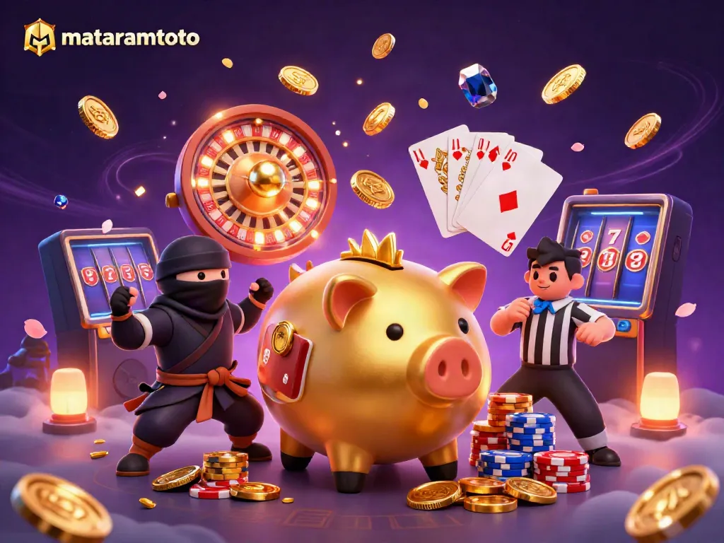 Engaging illustration of mataramtoto featuring a golden piggy bank sumo wrestler surrounded by dynamic gambling elements.