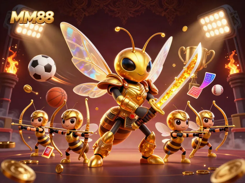 Engage with the dynamic MM88 casino illustration featuring a golden hornet samurai, sports elements, and dazzling game features.