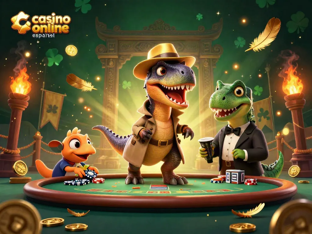 Disfruta del juego en el casino online español con esta divertida escena de velociraptor y amigos.