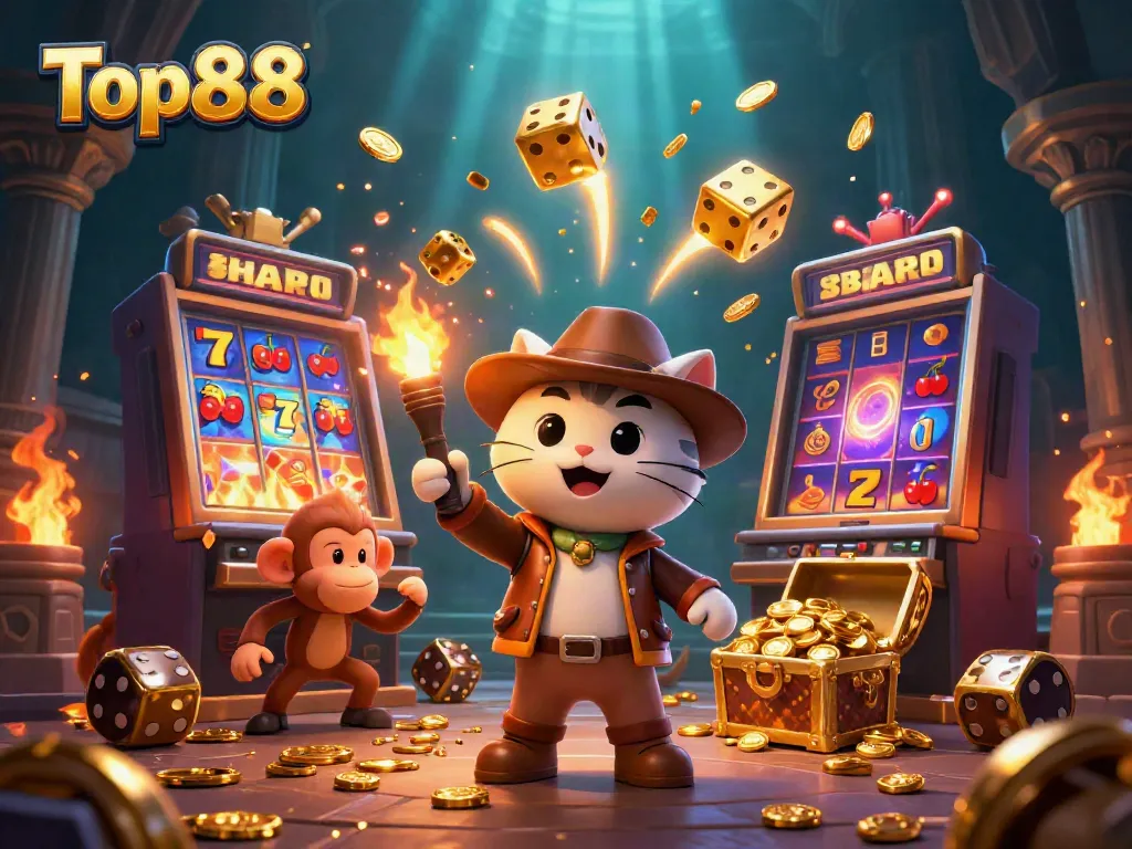 Engage with Top88's vibrant casino adventure featuring a cat archaeologist discovering treasures.