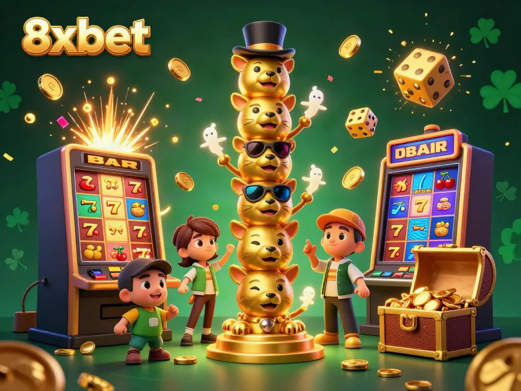 Experience the thrill of 8xbet with this vibrant casino-themed illustration showcasing dynamic gaming elements and rich visuals.