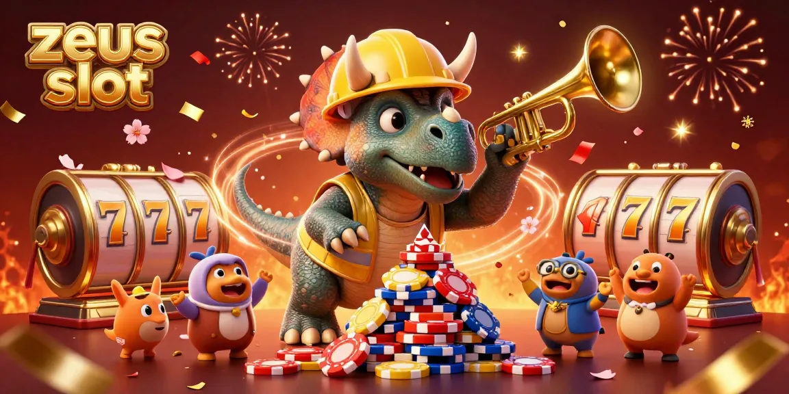 Experience the zeus slot with a lively 3D scene featuring fun characters, slot reels, and festive elements.