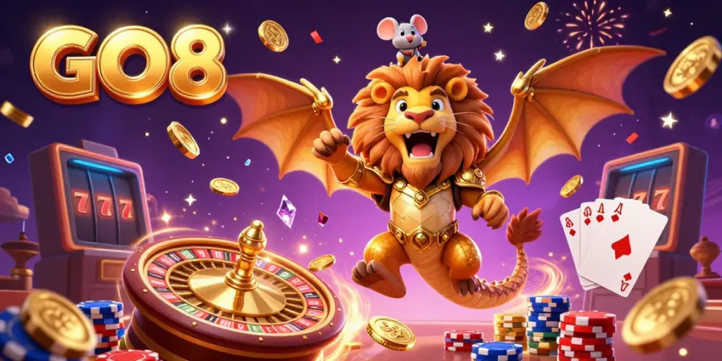Experience thrilling wins at GO8 with a vibrant casino scene featuring a majestic chimera and a mouse jockey.