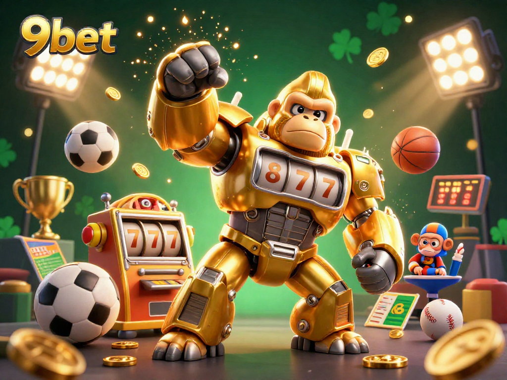 9bet showcases a dynamic 3D casino scene with a golden gorilla mech and flying sports balls.