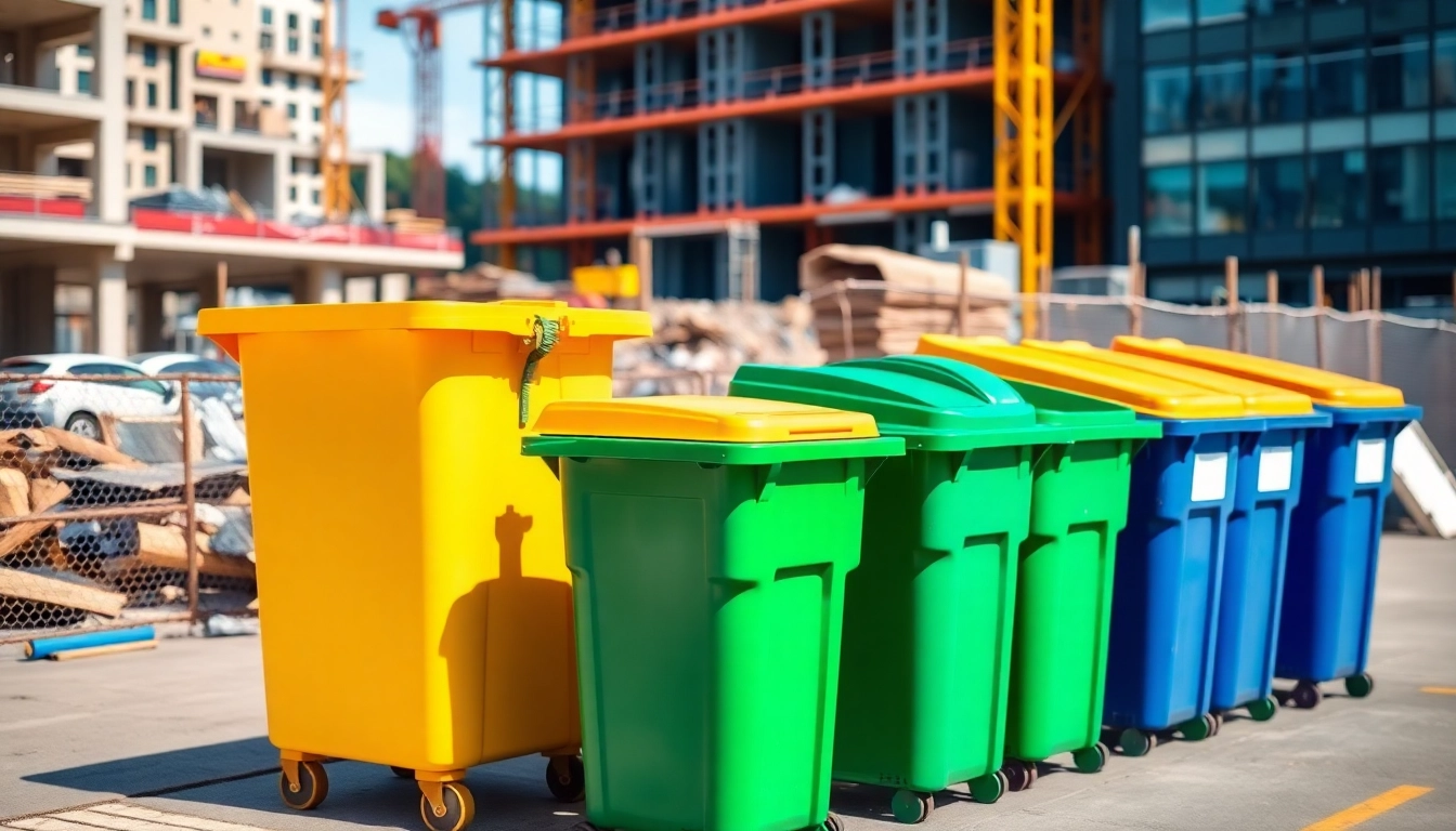 Efficient disposal bins rental service showcasing a variety of bin sizes on an urban job site.