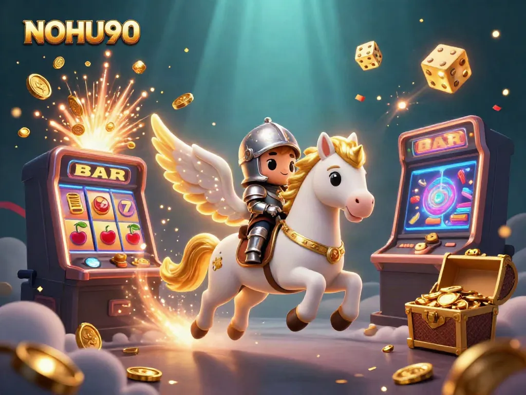 NOHU90 slots jackpot explosion scene with a whimsical knight and celestial horse!
