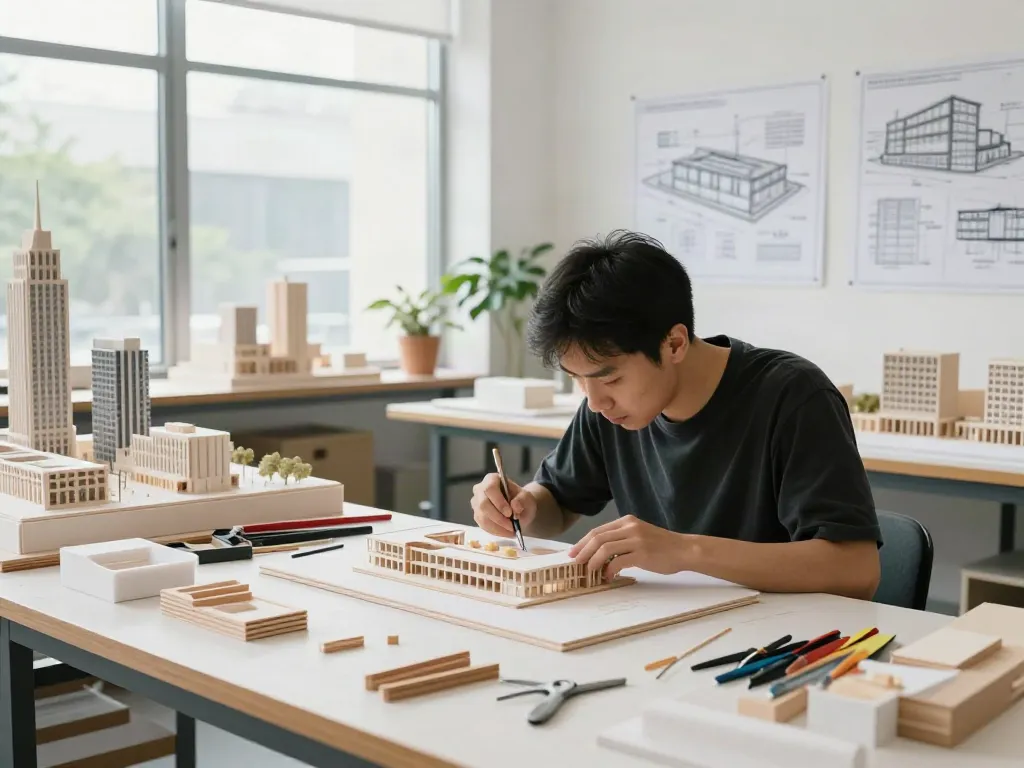 Architektur Modellbau Berlin, präzise Modelle in einem professionellen Atelier mit natürlichem Licht.