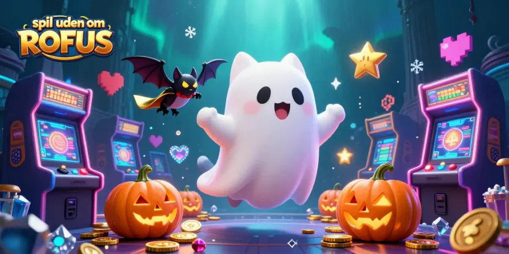 Play exciting adventures at spil uden om ROFUS with a ghost cat and vampire bat in a spooky casino atmosphere.