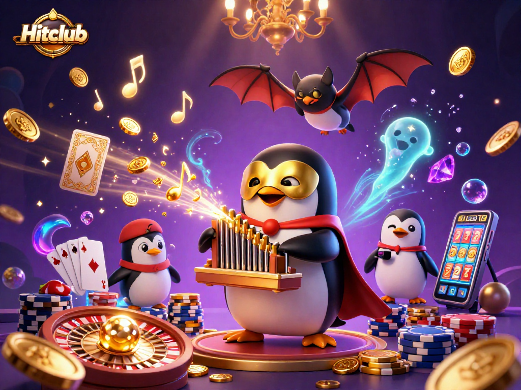 Spin the reels on Hitclub while enjoying a captivating 3D scene of a penguin in a golden mask.