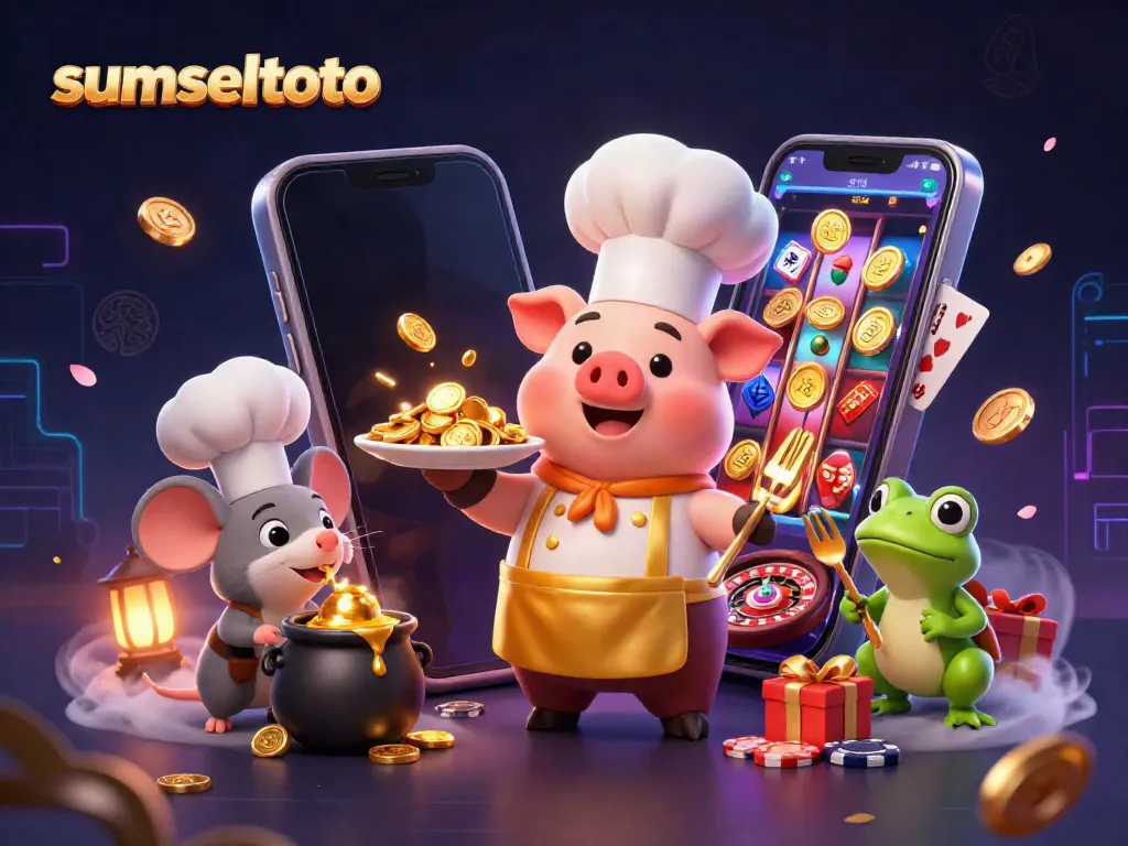 Experience the excitement of sumseltoto with vibrant coins and dynamic characters in a colorful casino scene.