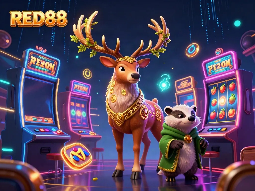 Experience thrilling spins with RED88's 3D Celtic stag and vibrant slot machines in a magical casino scene.