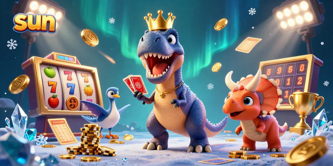 Join the sun-themed casino adventure as a T-Rex shuffles cards while a pterodactyl assists, showcasing dynamic gaming elements.