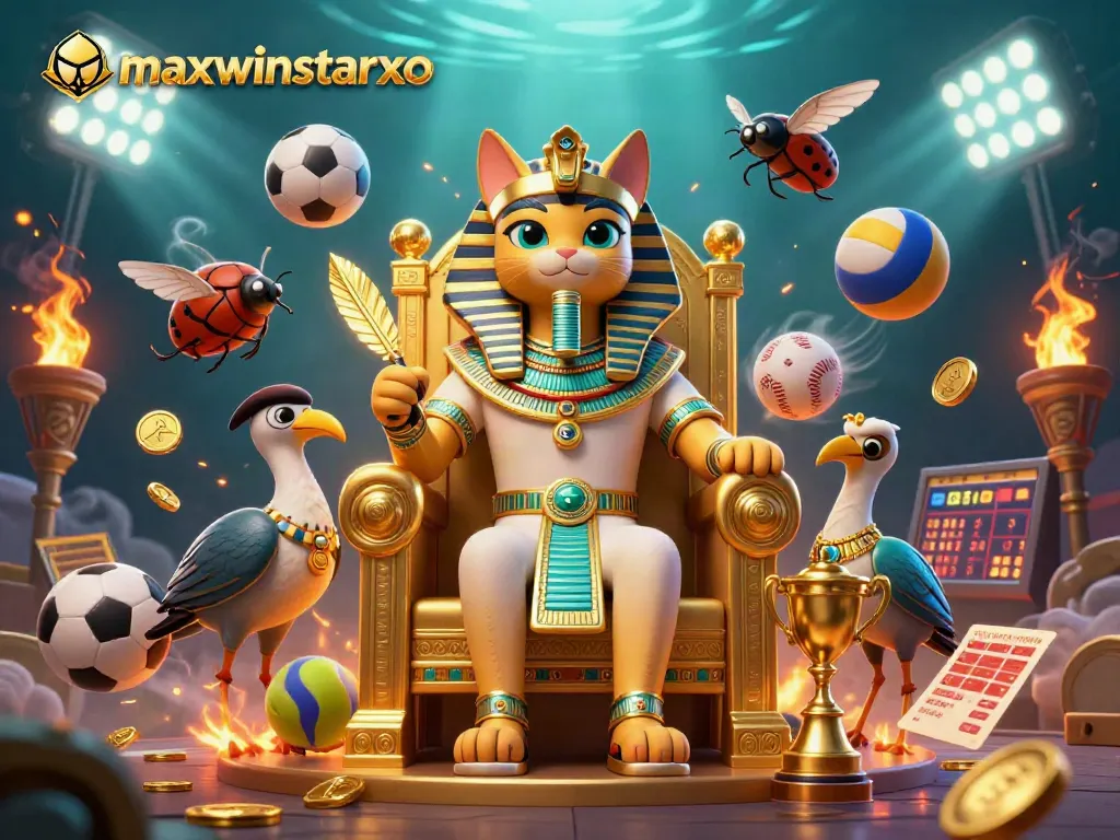 Maxwinstarxo sports betting scene with Egyptian pharaoh cat, trophies, and dynamic game elements.