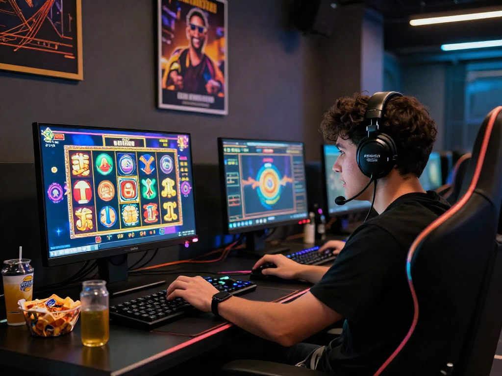 Gamer enjoying rutanslot online game on computer with colorful graphics and cozy setup.