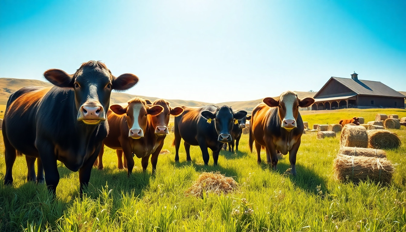 Cattle Feed nourishing healthy cattle grazing in a vibrant green pasture.