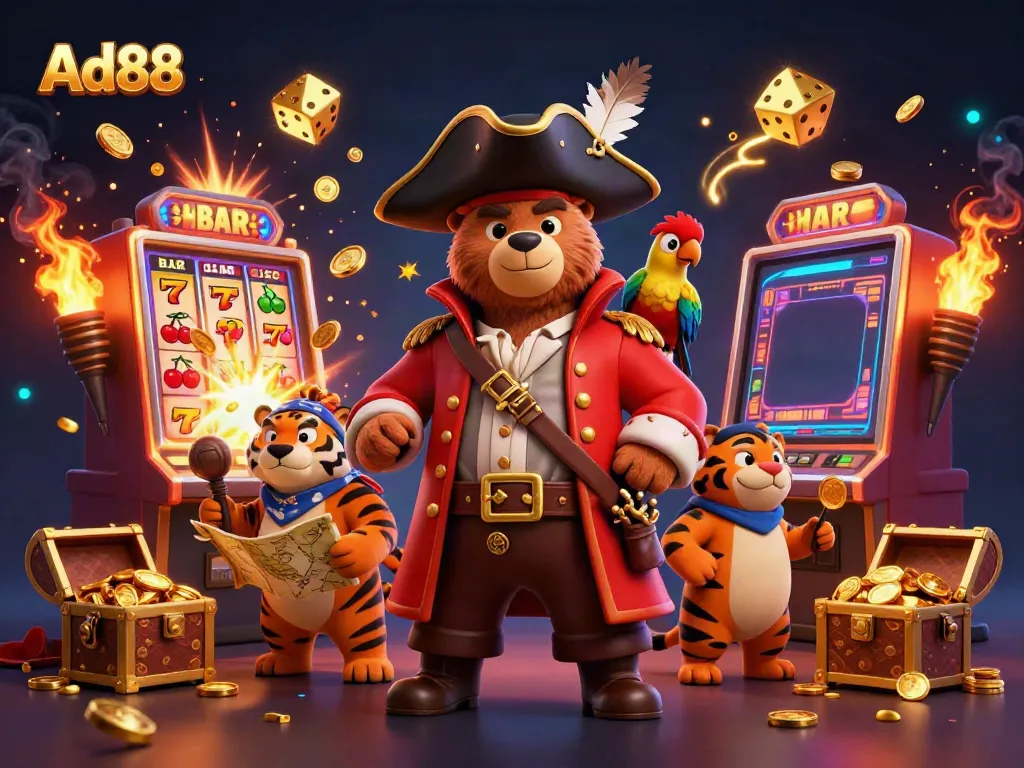Engage with Ad88's thrilling slots scene featuring a cartoon bear captain and tiger first mate.