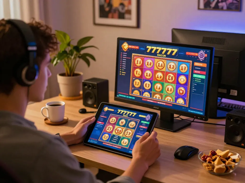 Enjoying slot777 gacor gameplay on tablet at home, showcasing strategy and comfort.