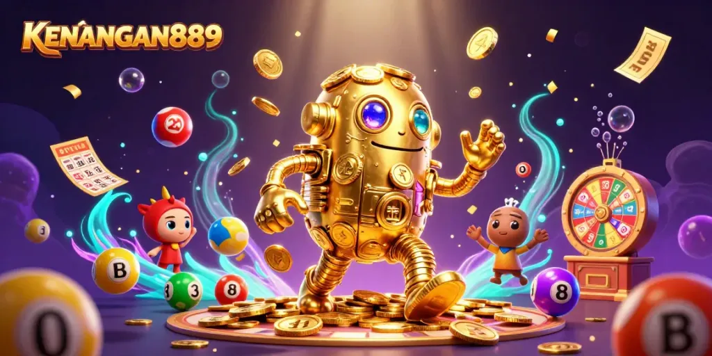 Spin the KENANGAN889 slots with a lively golden golem surrounded by dynamic gambling elements.