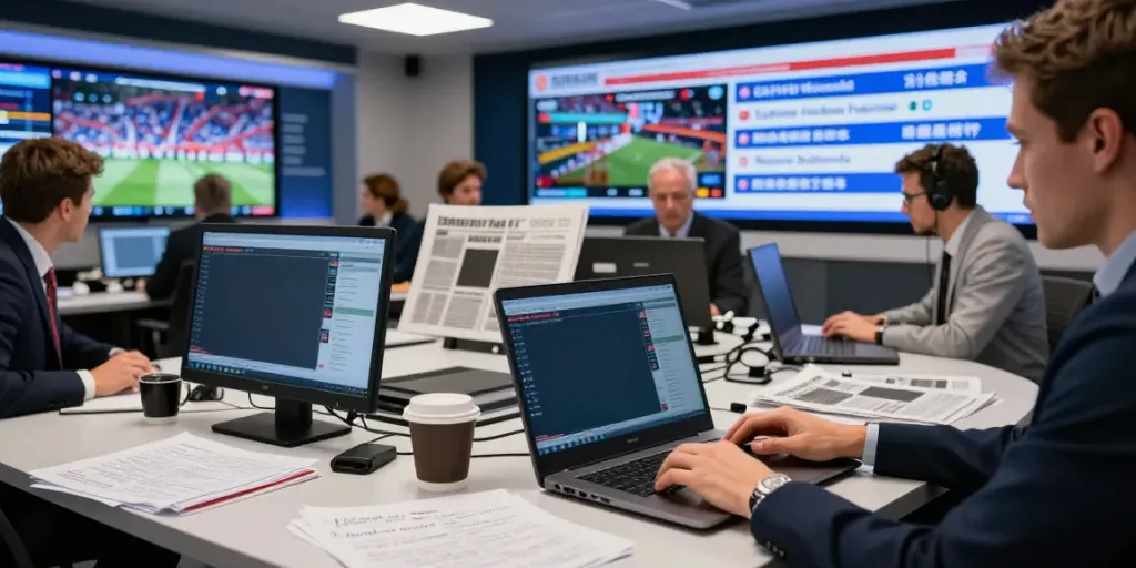 ข่าวซื้อขายนักเตะ update in a vibrant sports newsroom with journalists and live data screens.