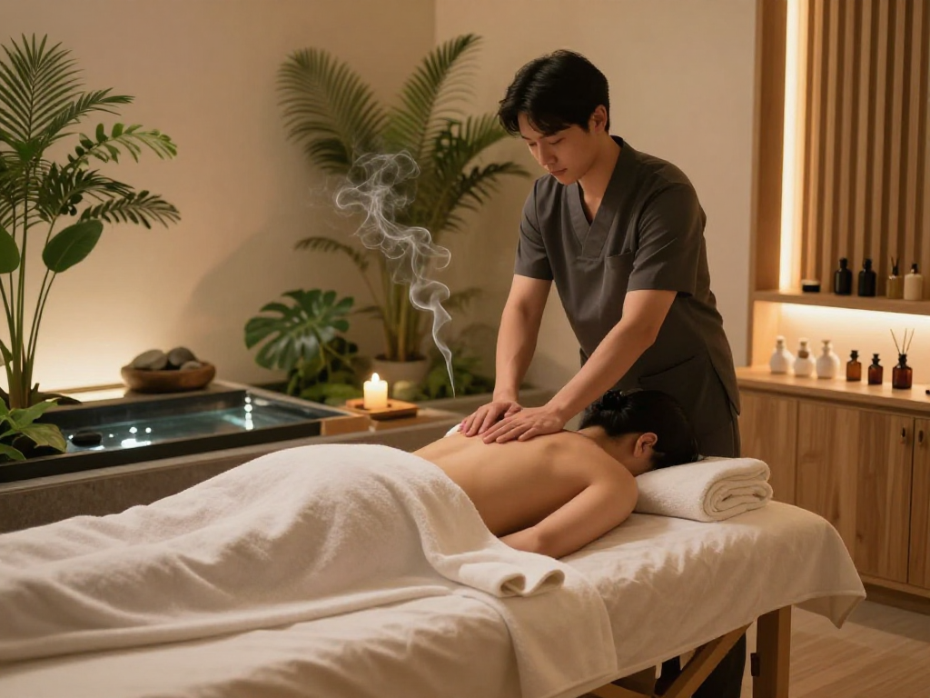 Client enjoying a 서울출장안마 session in a serene spa environment with soothing elements.