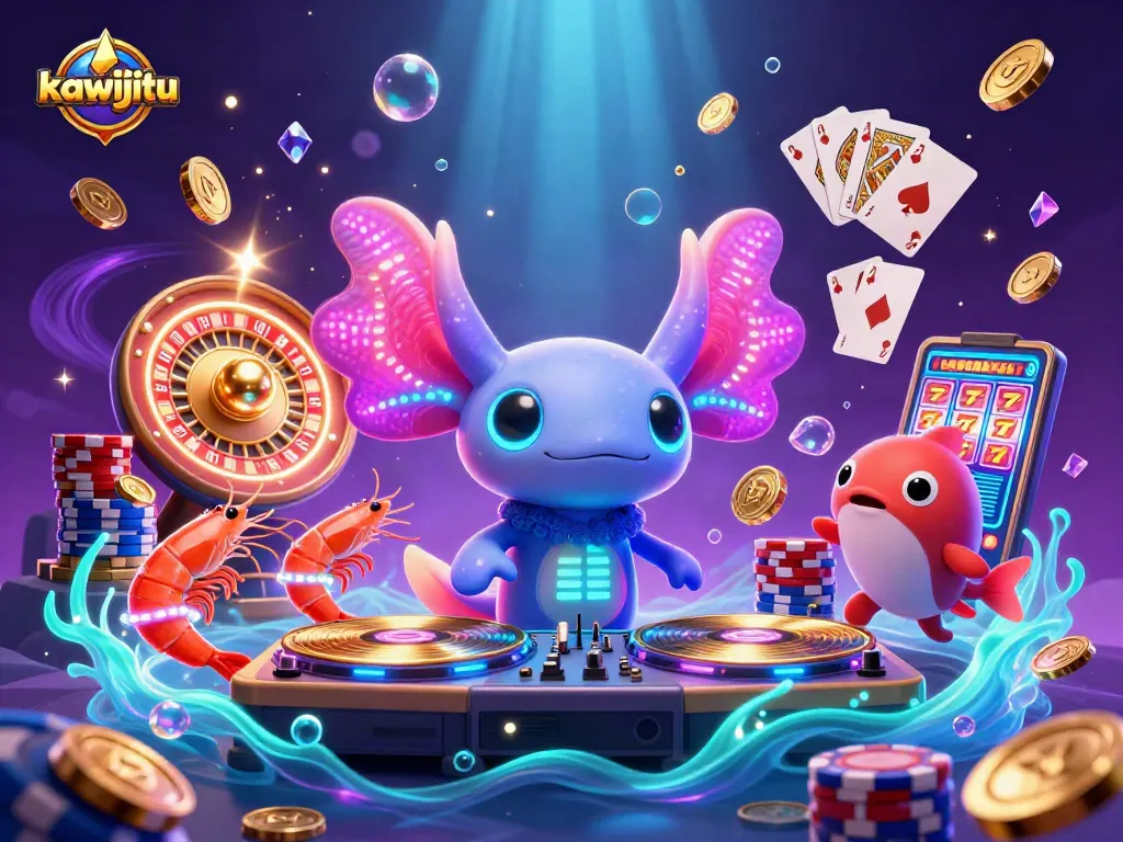 Kawijitu menghadirkan momen seru dengan DJ axolotl neon dan elemen kasino yang menawan.