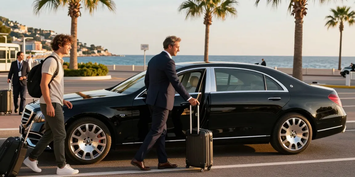 Transfert aéroport Nice : Chauffeur privé accueillant un client à l'aéroport avec une vue sur la Côte d'Azur.