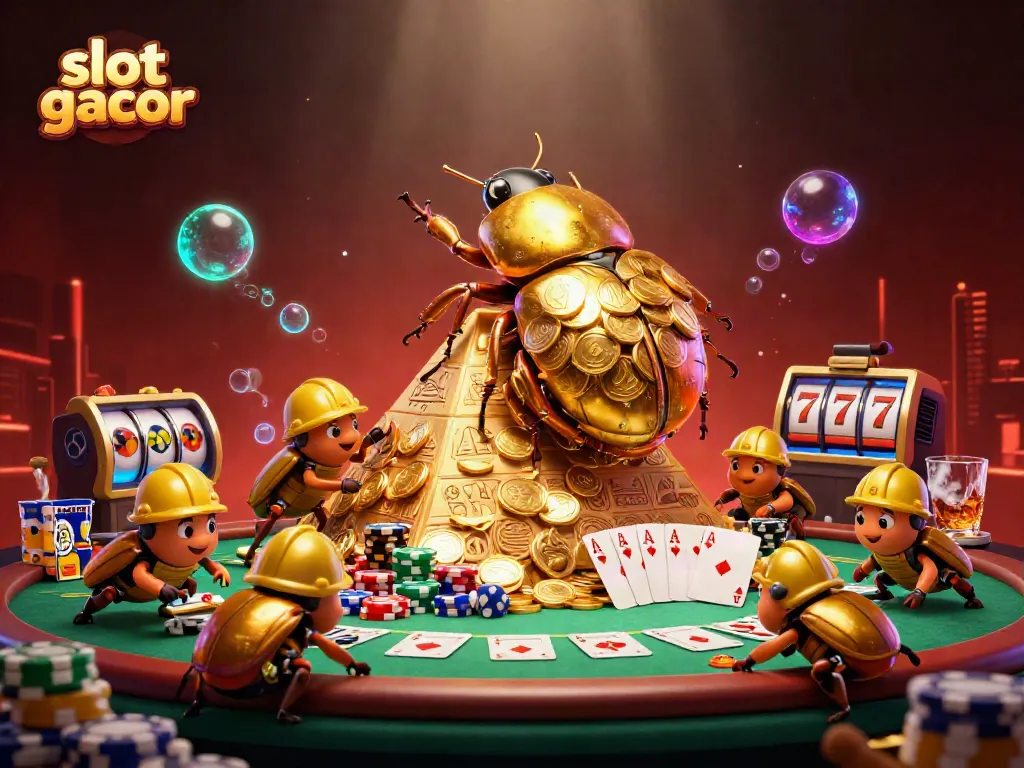 Slot gacor bergaya kartun dengan kumbang emas dan simbol kasino berkilauan.