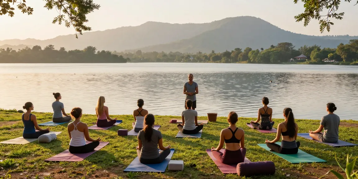 Students engage in yoga teacher training Sri Lanka by the lakeside, led by experienced instructor.