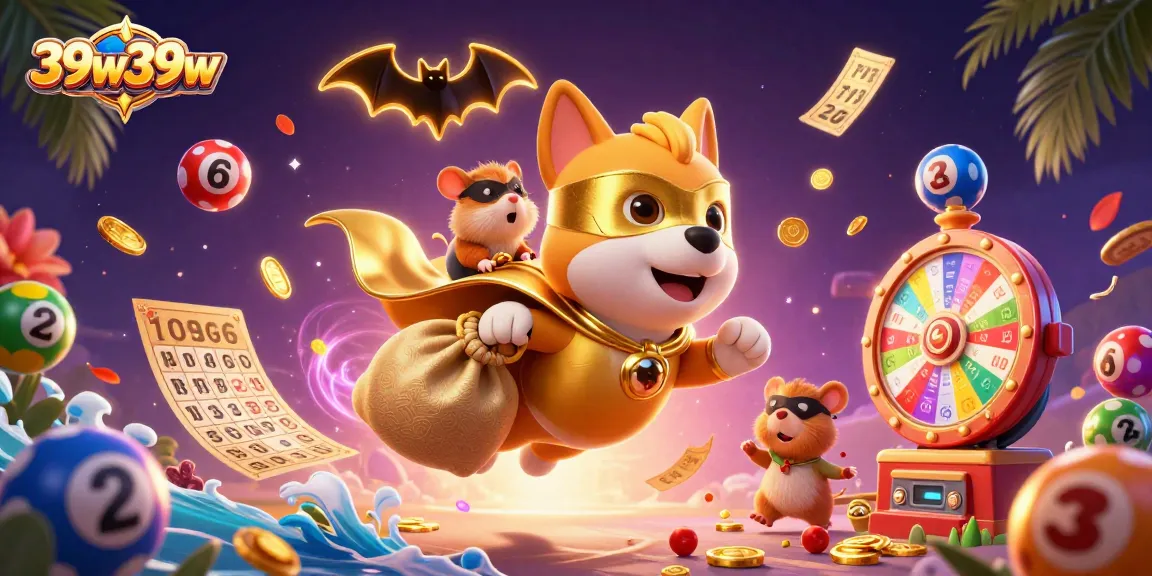 Ilustração colorida da 39w39w com um cão super-herói e um hamster em um tema de cassino.