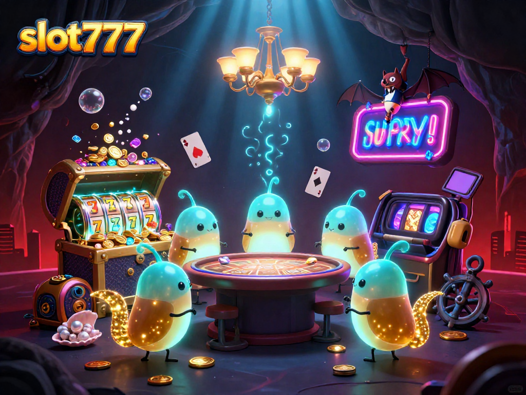 Experience the excitement with slot777, illuminated by glowworms in a vibrant cave casino setting.