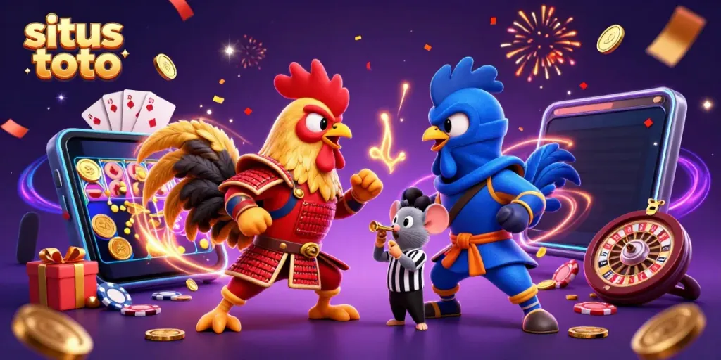 Engage in situs toto with epic rooster battles and vibrant casino gaming elements in a thrilling 3D illustration.