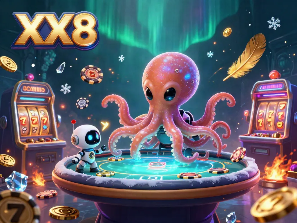 Experience thrilling casino gameplay with XX8 through an alien octopus and robot in a vibrant scene.