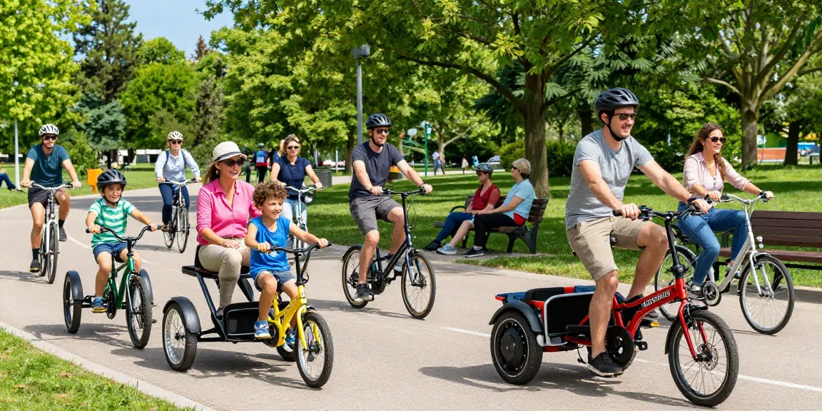 People riding tricycles in a sunny park, showcasing adult and kids trikes.