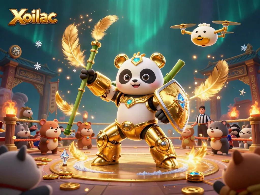 Experience thrilling gambling action with Xoilac as a golden panda pilots a bamboo-fighting robot.
