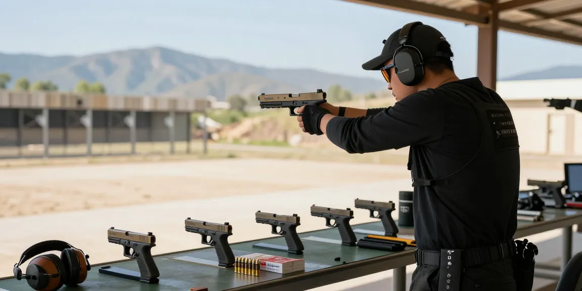 Precision Glock customization at https://precisionglockslides.com featuring dynamic shooting range scene