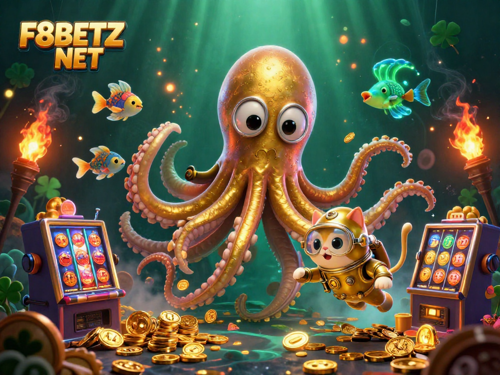 Experience the excitement of gaming at F8BETZ NET with treasures, 3D kraken, and vibrant casino elements.