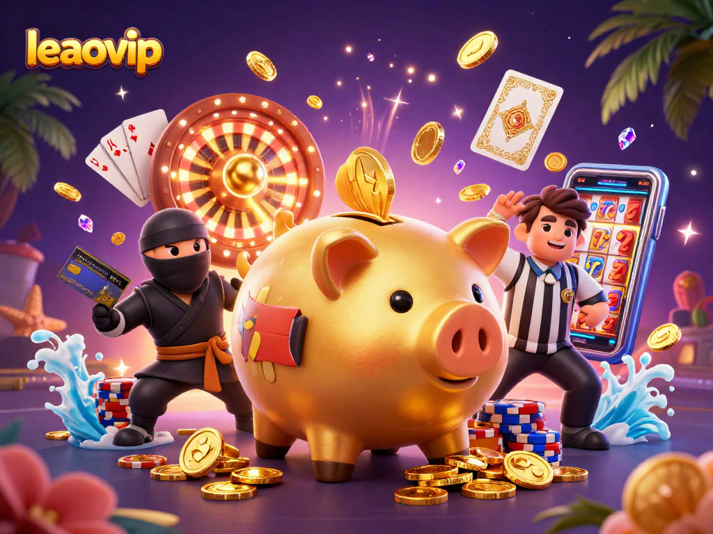 Experience exciting wins at leaovip with the golden piggy bank sumo wrestler amidst dynamic casino elements.